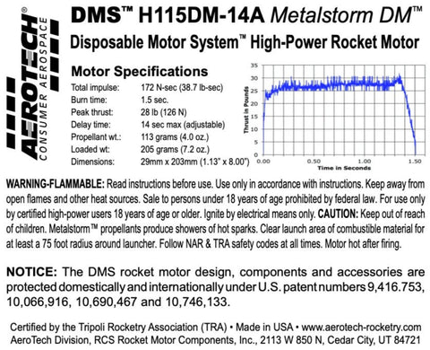 AeroTech H115DM-14A 29mm x 203mm Single Use DMS 1-Motor Kit - 081114